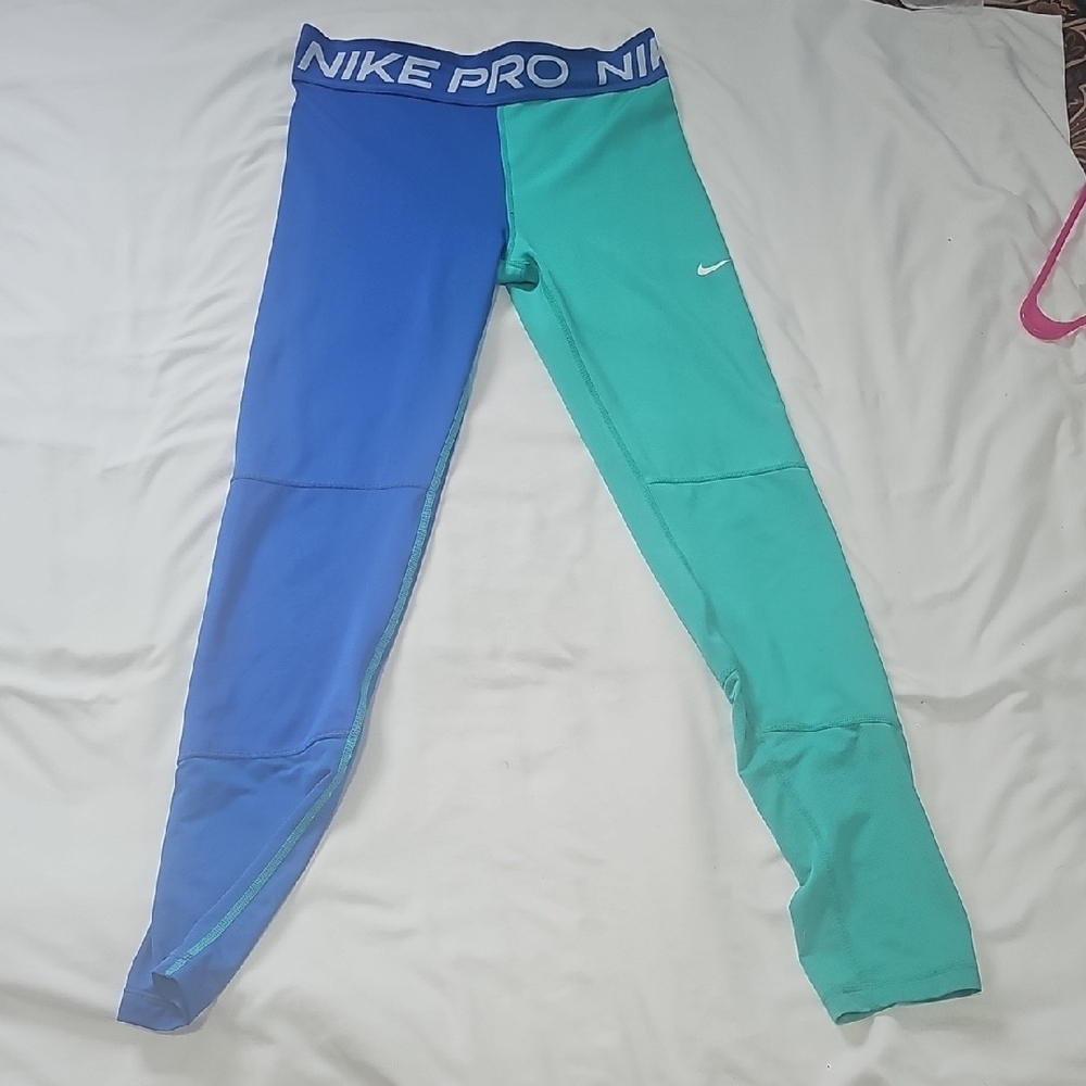 Nike Blue and Green Leggings with Split-Color Design